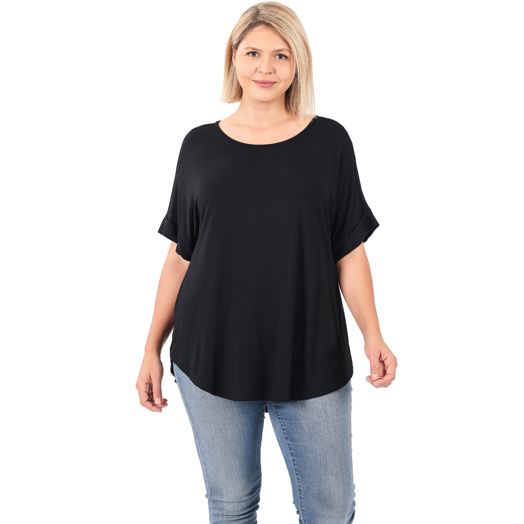 235 BLACK LUXE RAYON ROLLED SLEEVE BOAT NECK TOP StyleNo: #AT-45050X