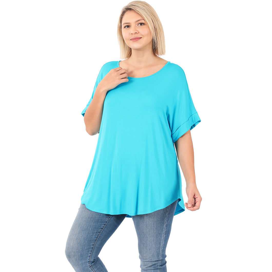 161 iCE BLUE LUXE RAYON ROLLED SLEEVE BOAT NECK TOP StyleNo: #AT-45050X