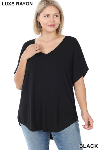 243 BLACK LUXE RAYON SHORT CUFF SLEEVE V-NECK TOP StyleNo: #AT-45051X