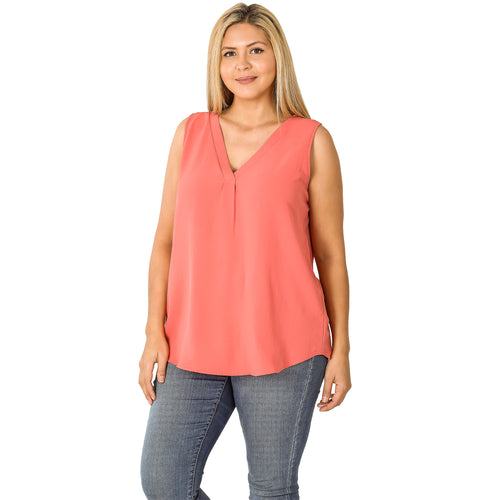 139 deep coral PLUS WOVEN AIRFLOW V-NECK SLEEVELESS TOP StyleNo: #QT-2726XBA