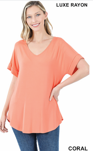 243 CORAL LUXE RAYON SHORT CUFF SLEEVE V-NECK TOP StyleNo: #AT-45051X