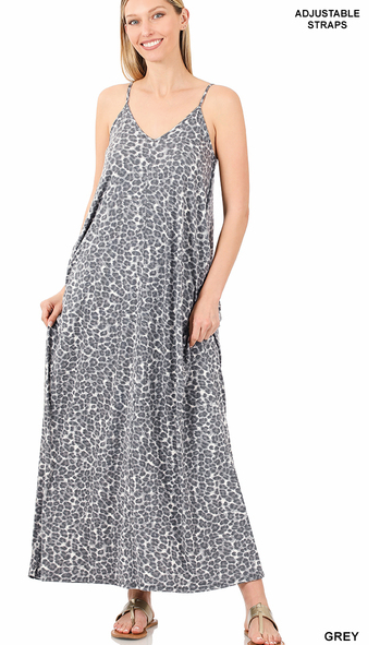250 GRAY LEOPARD V-NECK CAMI MAXI DRESS StyleNo: #RPS-8124AB