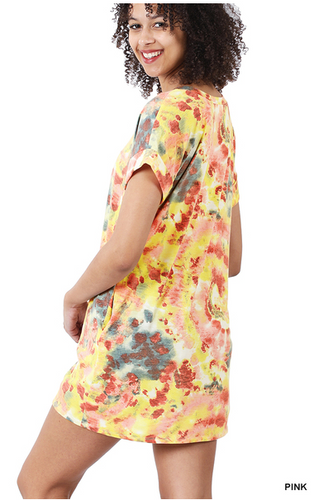 PINK TIE DYE ROLLED SHORT SLEEVE V-NECK LONGLINE TOP StyleNo: #RPT-8115AB