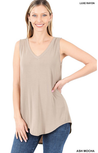 238 ASH MOCKA LUXE RAYON SLEEVELESS V-NECK HI-LOW HEM TOP StyleNo: #AT-5540AB