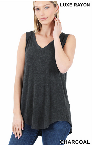 222. CHARCOAL LUXE RAYON SLEEVELESS V-NECK HI-LOW HEM TOP StyleNo: #AT-5540AB