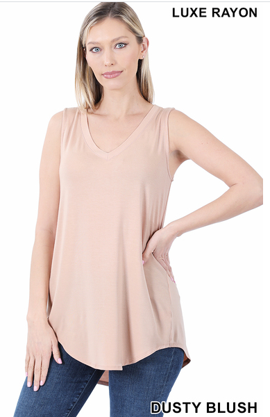 250 DUSTY BLUSH LUXE RAYON SLEEVELESS V-NECK HI-LOW HEM TOP StyleNo: #AT-5540AB