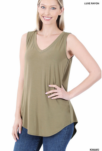 142 KHAKI LUXE RAYON SLEEVELESS V-NECK HI-LOW HEM TOP StyleNo: #AT-5540AB
