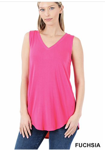 212 LUXE RAYON SLEEVELESS V-NECK HI-LOW HEM TOP StyleNo: #AT-5540AB