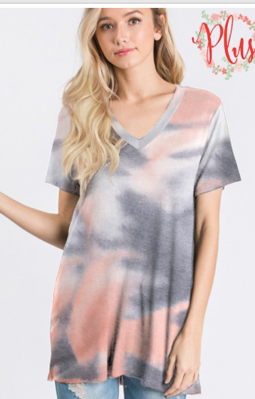 - SHORT SLEEVE V NECK TIE DYE PRINT TOP PLUS SIZE - MADE IN USA CHARCOAL/PEACH