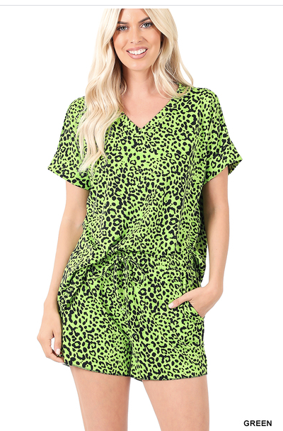 228 GREEN AND BLACK BRUSHED DTY LEOPARD PRINT V-NECK TOP & DRAWSTRING SHORT SET StyleNo: #MTMP-57068