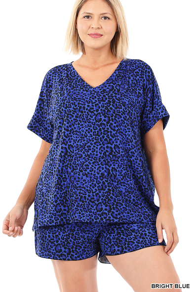 227 BRIGHT BLUEBRUSHED DTY LEOPARD PRINT V-NECK TOP & DRAWSTRING SHORT SET StyleNo: #MTMP-57068