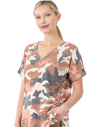 308 ALMOND CAMOUFLAGE V-NECK TOP LOUNGE WEAR  StyleNo: #RTRP-701