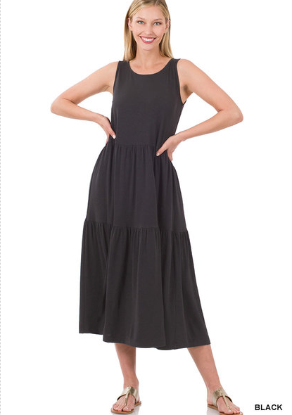 310 Black SLEEVELESS TIERED MIDI DRESS StyleNo: #RS-43050