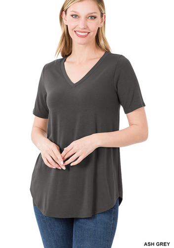 102 SHORT SLEEVE V-NECK ROUND HEM TOP StyleNo: #RT-2104AB ASH GRAY