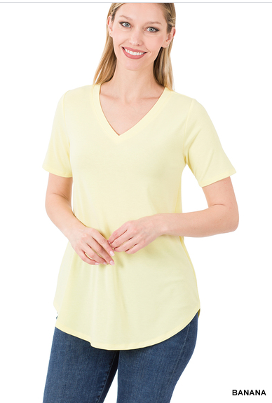 218 SHORT SLEEVE V-NECK ROUND HEM TOP StyleNo: #RT-2104AB BANANA