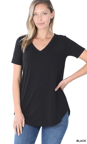 099 SHORT SLEEVE V-NECK ROUND HEM TOP StyleNo: #RT-2104AB black