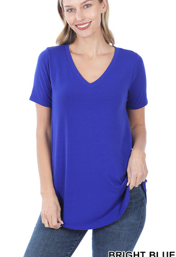 215 SHORT SLEEVE V-NECK ROUND HEM TOP StyleNo: #RT-2104AB BRIGHT BLUE