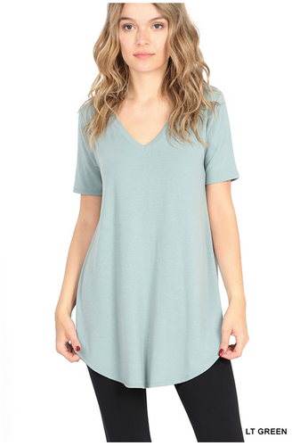 225 SHORT SLEEVE V-NECK ROUND HEM TOP StyleNo: #RT-2104AB LIGHT GREEN