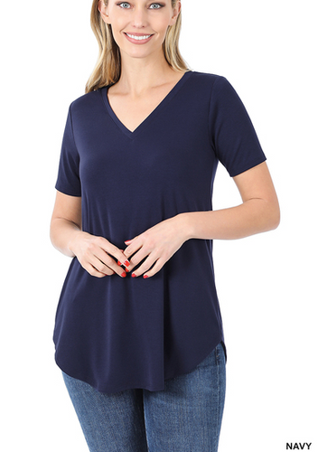 222 SHORT SLEEVE V-NECK ROUND HEM TOP StyleNo: #RT-2104AB NAVY