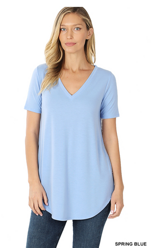 224 SHORT SLEEVE V-NECK ROUND HEM TOP StyleNo: #RT-2104AB SPRING BLUE