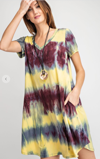 248 Short Sleeve Tie-Dye Print Swing Dress.  D1066H yellow/blue