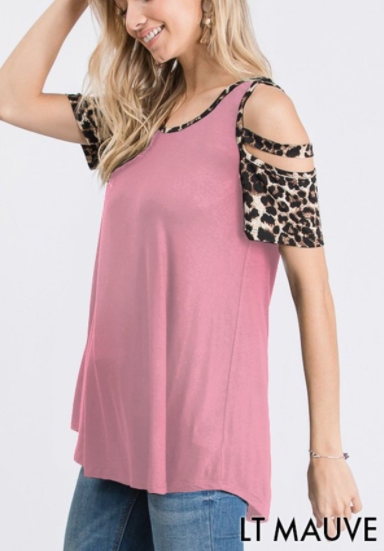 169 bl-st1541s- SHORT SLEEVE COLD SHOULDER ROUND NECK SOLID AND ANIMAL LEOPARD PRINT CONTRAST TOP LT MAUVE