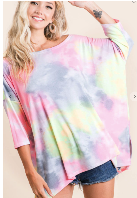 211 TIE DYE PRINT JERSEY KNIT TOP WITH WIDE NECK BT1905-01.....
