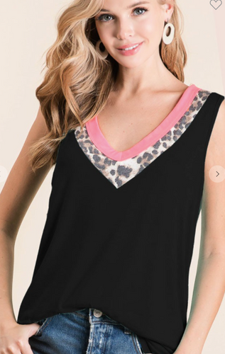 213 SLEEVELESS JERSEY KNIT V NECK TOP WITH LEOPARD BT1864-01....