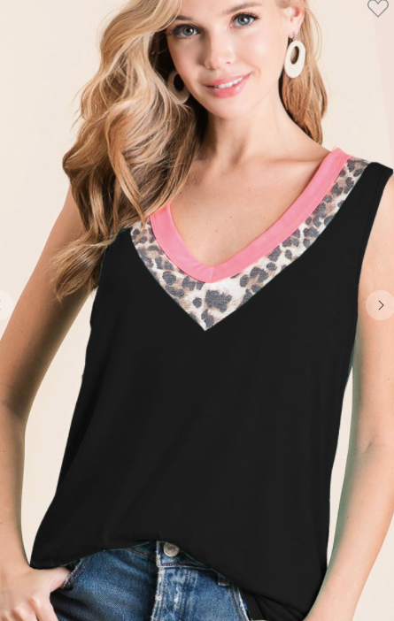 213 SLEEVELESS JERSEY KNIT V NECK TOP WITH LEOPARD BT1864-01....