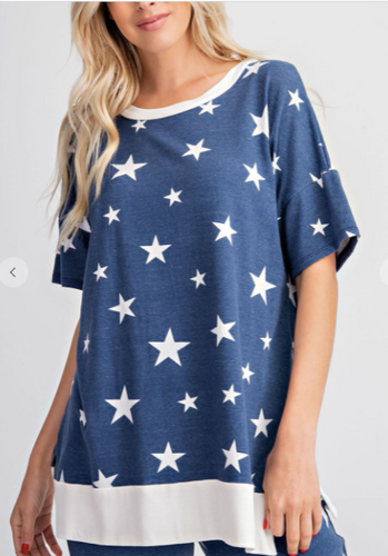Star Printed Short Sleeve Loungewear Top  T9370-8 STAR