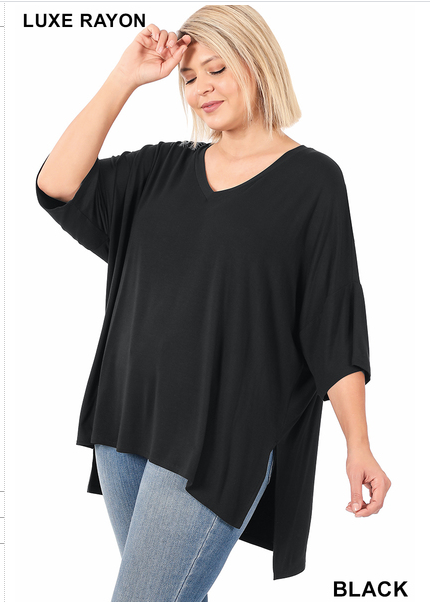 094 PLUS LUXE RAYON DOLMAN HALF SLEEVE V-NECK TOP StyleNo: #AT-43116X BLACK