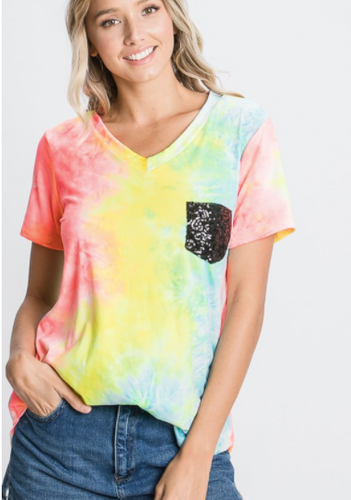 239  V NECK MULTI COLOR TIE DYE PRINT TOP WITH BLACK SEQUINS POCKET DETAIL