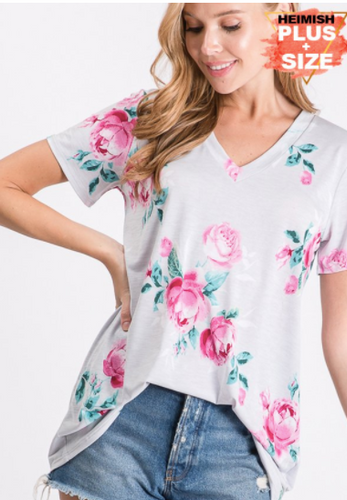 243 SHORT SLEEVE V NECK FLORAL PRINT TOP PLUS SIZE - MADE IN USA