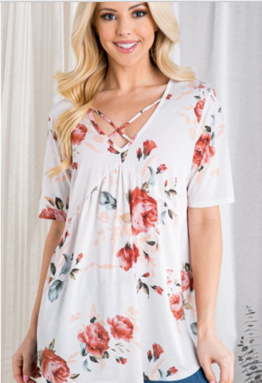206 95% POLYESTER 5% SPANDEX - SHORT SLEEVE CRISSCROSS V NECK FLORAL PRINT BABYDOLL TOP - MADE IN USA