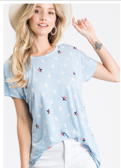 146 USA-  - 95%POLYESTER 5%SPANDEX - SHORT SLEEVE ROUND NECK MULTI COLOR STAR PRINT TOP