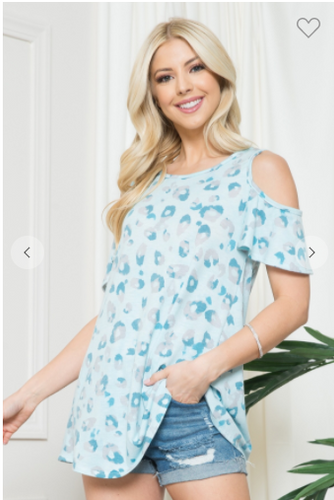 304 Leopard Short Sleeve Round Neck Cold Shoulder Top  T6006A-1