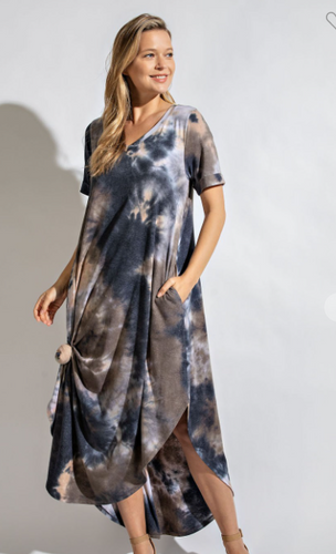 313 Tie Dye V neckline Short Sleeves Maxi dress.  D1154-4