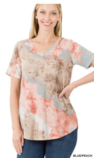 314 TIE DYE SHORT SLEEVE V-NECK ROUND HEM TOP StyleNo: #RPT-8119AB blue peach