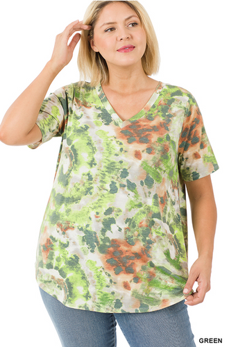 315 TIE DYE SHORT SLEEVE V-NECK ROUND HEM TOP StyleNo: #RPT-8117ab green