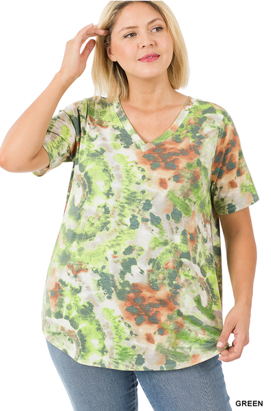 315 TIE DYE SHORT SLEEVE V-NECK ROUND HEM TOP StyleNo: #RPT-8117ab green
