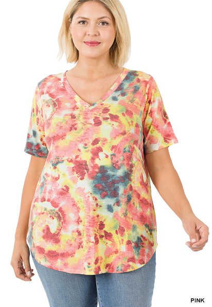 315 TIE DYE SHORT SLEEVE V-NECK ROUND HEM TOP StyleNo: #RPT-8117ab  pink