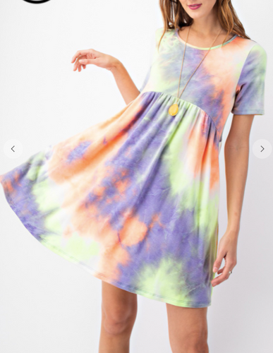 222 Neon Tie Dye Printed French Terry Short Sleeve, Round Neck Loose Fit Dress with Shirring Detail and Side Pockets.  Size S-M-L Style# D1065C  orange neon yellow