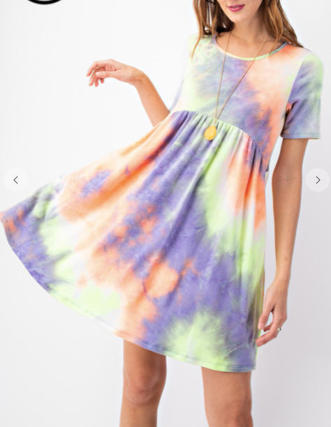 222 Neon Tie Dye Printed French Terry Short Sleeve, Round Neck Loose Fit Dress with Shirring Detail and Side Pockets.  Size S-M-L Style# D1065C  orange neon yellow
