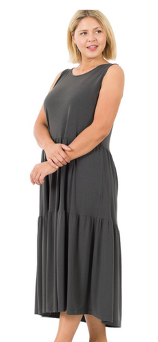318 ash gray PLUS SLEEVELESS TIERED MIDI DRESS  RS-43050