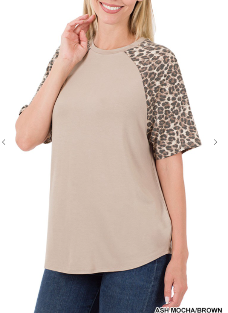 321 APT-8202 LUXE RAYON LEOPARD RAGLAN SLEEVE ROUND NECK ASH MOCHA/BROWN