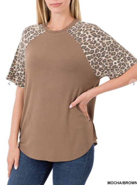 313 LUXE RAYON LEOPARD RAGLAN SLEEVE ROUND NECK TOP APT-8202 MOCHA/BROWN