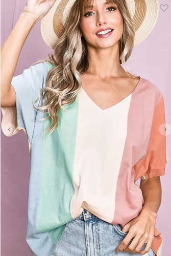 327 COTTON SPAN KNIT COLOR BLOCK TOP BT2359 blu/sage/mav/brick