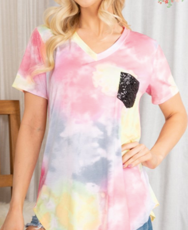 212 SHORT SLEEVE V NECK MULTI COLOR TIE DYE PRINT TOP WITH BLACK SEQUINS POCKET st1567-53