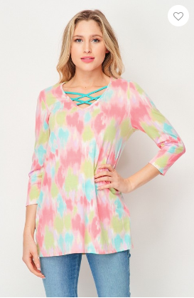 304 T02161-7071 TOP PINK/LIME CRISS CROSS TIE-DYE