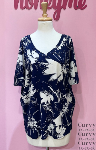 221 T10574-8073X NAVY/IVORY FLORAL SHORT SLEEVE HONEYME TOP